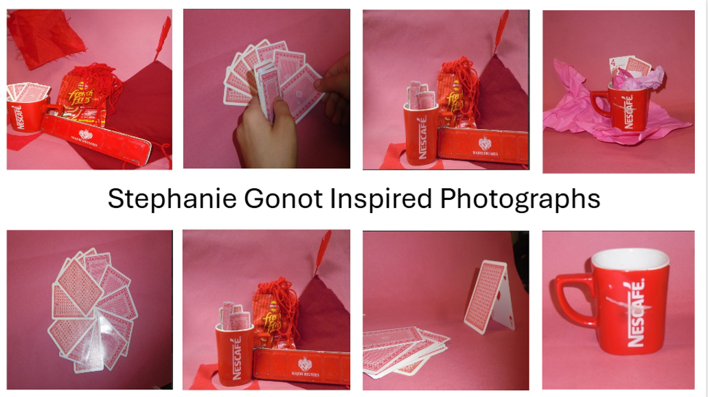 A collage of eight photographs showcasing creative arrangements of red Nescafé packaging, playing cards, and a red cup against a pink background. The images highlight various compositions, including cards fanned out, cards placed inside packaging, and a red cup filled with cards, emphasising colour coordination and playful interaction between everyday objects.