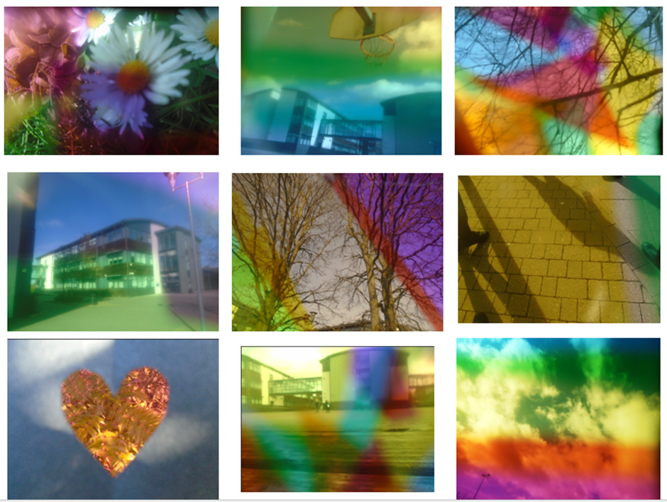 A collage of nine photographs featuring various scenes with colourful light distortions and reflections. Subjects include flowers, buildings, trees, a basketball hoop, a heart-shaped leaf, and a cloudy sky, with vibrant rainbow-like overlays creating an artistic and abstract effect.
