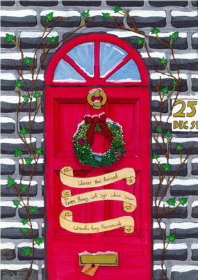 A red door with a wreath and a ribbon on it