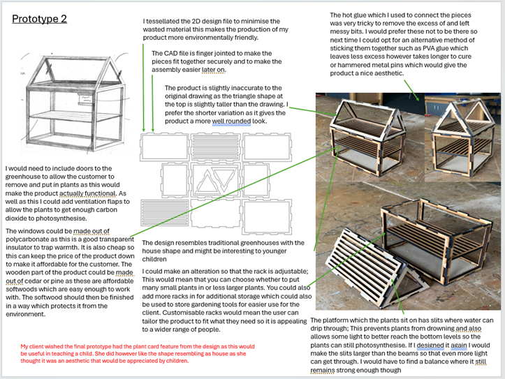 Photograph and annotated diagram of a prototype greenhouse design showcasing a 3D model and physical build with detailed notes on materials, structure, and functionality. Key elements include finger-jointed PVC pipe frame, adjustable plant racks, transparent windows, and a water platform for plant hydration, highlighting eco-friendly and user-friendly features.