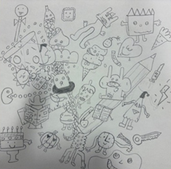 A hand-drawn sketch featuring various whimsical and abstract cartoon characters and objects scattered randomly on a white square paper placed on a wooden surface. The drawing includes elements like a pencil, a robot, a face with an afro, geometric shapes, and playful creatures, all outlined in black ink with no colour fill.