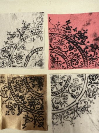 A close-up of a fabric with four images of different colours that make up a whole picture