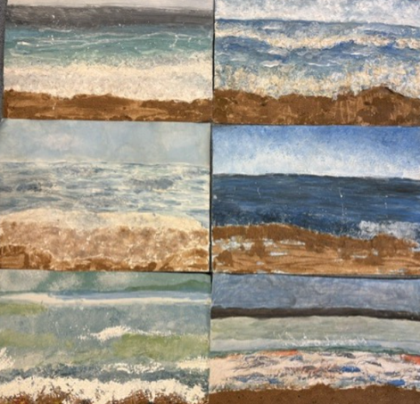 A collage of six small paintings depicting various ocean scenes with waves crashing onto sandy shores, each showcasing different lighting and wave intensity. Colours range from soft blues and greens to darker tones, highlighting changing sea conditions and times of day.