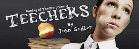 Image of programme for Teechers performance - A person sitting in front of a blackboard with an apple on a pile of books 