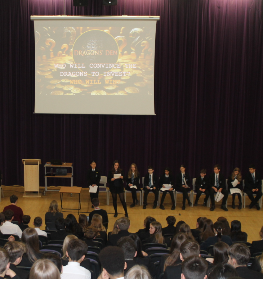 Year 8 students presenting the dragon den event