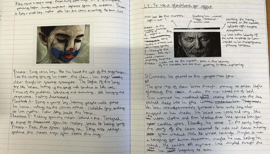 two pages of a notebook with writing and pictures