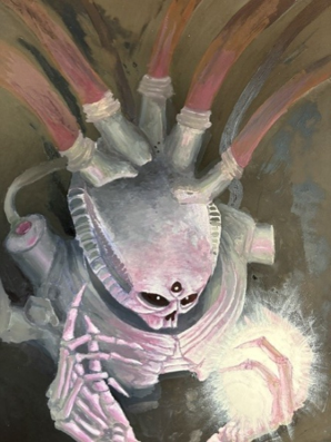 A painting depicting a mechanical spider-like creature with a rounded body and multiple jointed legs extending outward. The creature is holding a glowing orb in one of its clawed appendages, set against a dark, muted background with shades of brown and grey.