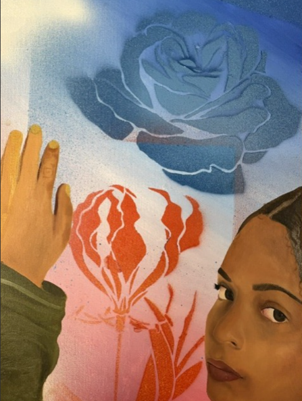 A painting depicting a person with a contemplative expression, positioned in the lower left corner, reaching towards two large stylised flowers. One flower is red with white accents on a pink background, while the other is blue with lighter blue highlights on a blue background, creating a contrast between warm and cool tones.
