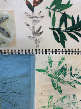 Photograph of a sketchbook page displaying botanical art and printmaking experiments with leaf motifs. Top section shows leaf cutouts from newspaper and green paper, while bottom section features fabric with leaf outlines and green leaf prints on cream and blue backgrounds.