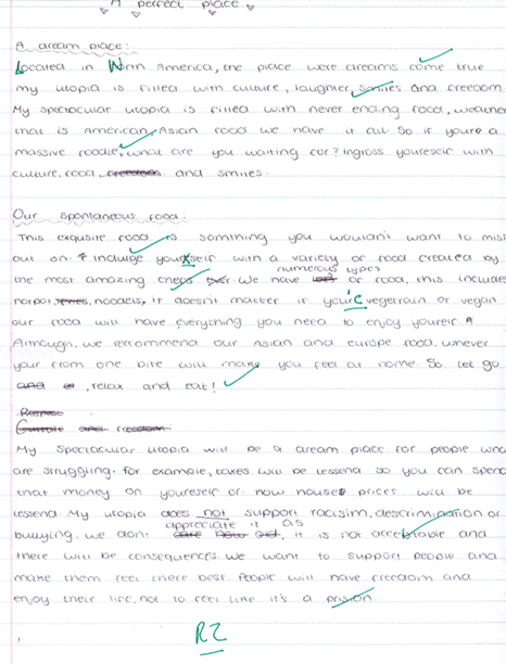 Handwritten text on lined paper presents a personal description of an ideal utopia, focusing on culture, food, and inclusivity. The text includes corrections in green and black ink, with emphasis on diverse cuisines, freedom from discrimination, and a welcoming atmosphere.