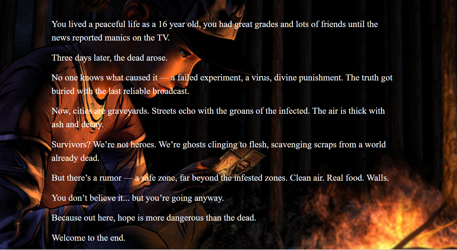 text and screen of a student's  Zombie Apocalypse story game 