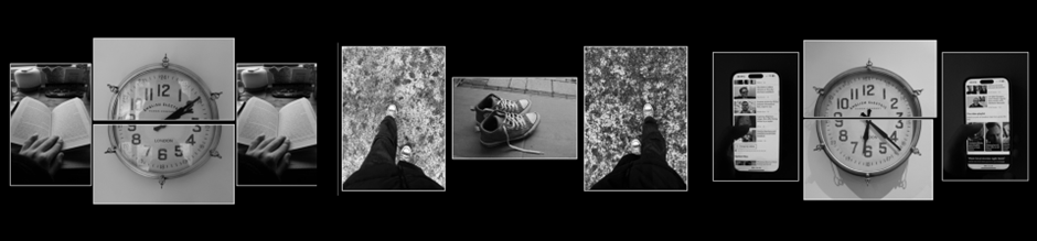 A collage of six black and white photographs arranged in two rows, featuring close-ups of hands holding a phone, feet wearing shoes on different surfaces, and clocks showing different times. The central clock images display times around 12:15 and 7:15, while phone screens show social media or messaging apps, suggesting a theme of time and digital communication.