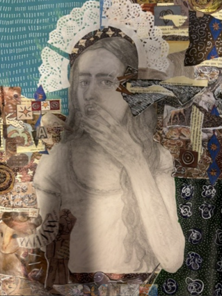 A mixed-media artwork featuring a detailed pencil sketch of a person with long hair and a hand near their mouth, surrounded by a collage of patterned papers, text fragments, and decorative elements in various colours. The composition includes a white doily-like shape behind the figure's head, creating a halo effect, and combines textures and motifs to evoke a contemplative and layered visual narrative.