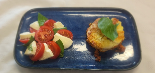 twp food items ona  blue tray