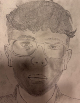 A drawing of a person wearing glasses