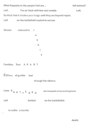 Poem presented as a typographic visual, using scattered and distorted text to convey themes of war, loss, and suffering. Key elements include fragmented words like "Left," "APART," and "SHATTERED," emphasising emotional impact and chaos through varied spacing and alignment.