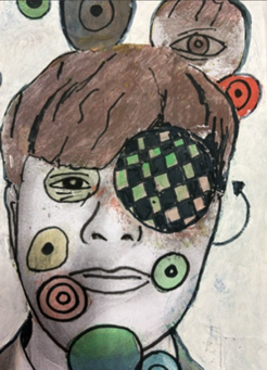 A painting depicting abstract human faces with exaggerated eyes and circular patterns in various colours, including green, red, and black. The composition features overlapping faces with a checkered circular element in the centre, creating a surreal and fragmented visual effect.