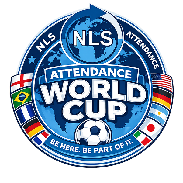 Circular logo for NLS Attendance World Cup features a blue globe background with white and blue text. Flags of eight countries surround the globe, with a football at the bottom and the slogan "Be here. Be part of it." displayed prominently.