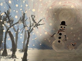 A snowman in the snow nda dog to the right of some trees