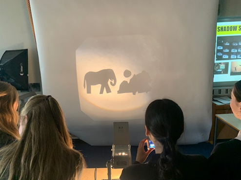 Photograph showing a group of people watching shadow puppetry projected onto a white screen, featuring shapes of an elephant and a person with a ball