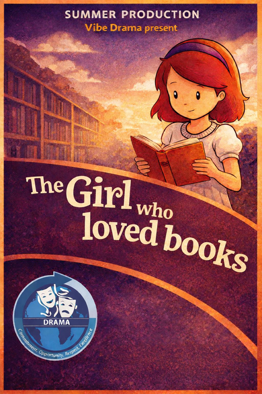 Poster for a drama titled "The Girl who loved books" produced by Summer Production and Vibe Drama, featuring an illustrated girl with red hair reading a book against a backdrop of bookshelves and a sunset sky. Design includes a purple and orange color scheme, a drama genre badge with comedy and tragedy masks, and emphasizes themes of reading and storytelling.