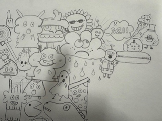 A black and white line drawing featuring a collection of whimsical, cartoon-like characters with exaggerated facial expressions and various shapes. The illustration includes elements such as a dinosaur, a robot, and speech bubbles, creating a playful and imaginative scene with no colour or shading.