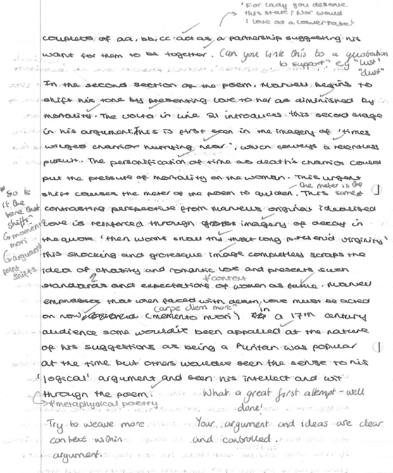 A piece of paper with writing which is an extract of an essay 