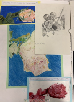 Photograph of four botanical artworks depicting roses, including coloured pencil drawings and a detailed pencil sketch. Each piece is labelled as inspired by artist Daniel Green, featuring vibrant backgrounds and intricate shading to highlight textures and floral details.