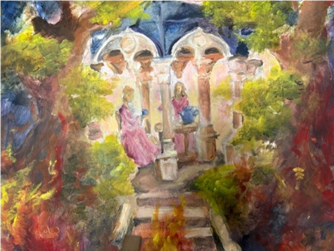 a painting of two people in a  garden