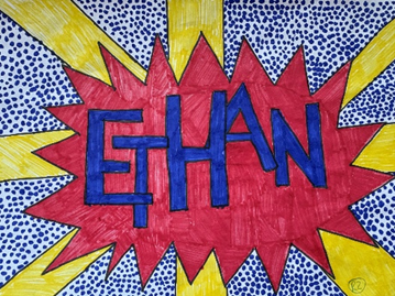 a piece of work showing a name  based on Pop art theme looking at Roy Lichtenstein and Andy Warhol   