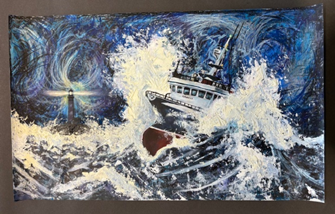 A painting of a ship crashing into the sea
