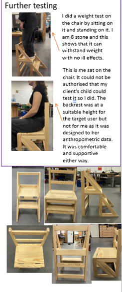         Photographs documenting a chair testing process show a person sitting and standing on the chair to demonstrate its weight-bearing capacity and comfort. Additional close-up shots highlight chair design features, including backrest height and structural support, confirming suitability and ergonomic considerations.        
