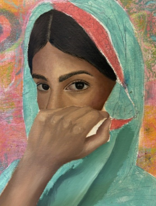A portrait painting of a person wearing a turquoise headscarf with a red border, partially covering their face with a hand. The background features abstract, warm-toned patterns, highlighting the subject's expressive eyes and detailed skin textur
