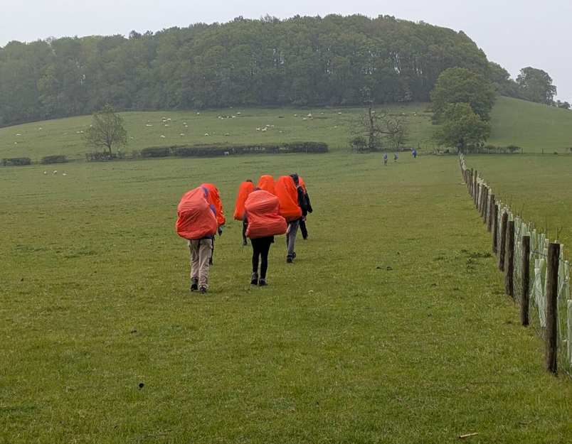 Photograph of six hikers walking across a grassy field towards a wooded hill, each wearing a bright orange rain cover on their backpacks. A wooden fence runs along the right side, and sheep are scattered in the distance near the tree line under an overcast sky.