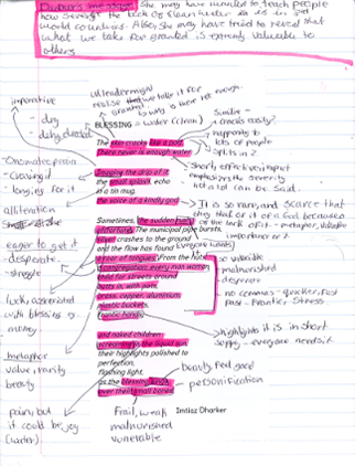 Handwritten annotated notes with colourful highlights and underlines, combining text in black and pink ink. The notes analyse a poem, discussing themes like urgency, vulnerability, and emotional impact, with key phrases emphasised by pink boxes and arrows to indicate connection