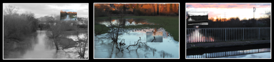 three images of a pond with trees and a house in the background, a pond with greenery and trees in eth background and a river with a bridge