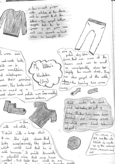 A notebook with writing and drawings