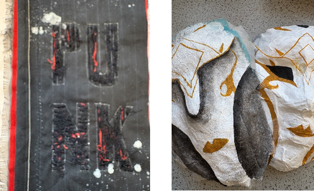 examples of work - on the left is reverse applique and fabric manipulation and is a piece on a grey background and the letters to spell the word PUNK and o teh right hand side is an example of Mask making - two white masks with gold deatils on  