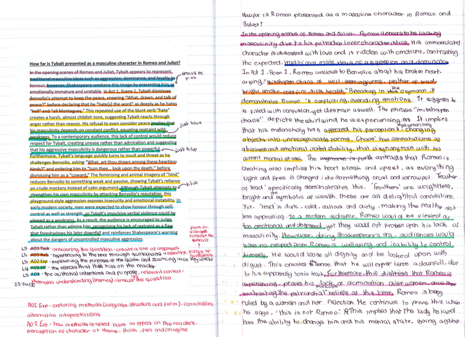 A close-up of a notebook with writing and highlighted text  