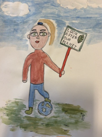 A hand-drawn illustration of a person standing on a patch of grass with one foot on a small Earth, holding a sign that reads "LOOK AFTER OUR PLANET" with a leaf symbol. The background features a blue sky with clouds, emphasizing an environmental conservation messag