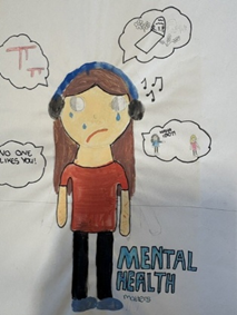 A coloured drawing depicting a sad girl with tears, wearing headphones and a red shirt, surrounded by thought bubbles containing negative messages and symbols like "no one likes you," a crying face, and a bullying scene. The illustration highlights mental health issues, emphasised by the bold blue text "MENTAL HEALTH matters" at the bottom right.