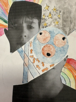 A mixed media collage combining a black-and-white photograph of a face with colourful hand-drawn elements including a blue circular shape with three orange circles, orange arrows, yellow stars, and rainbow patterns. The composition contrasts monochrome and vibrant colours, creating a surreal and abstract visual narrative.