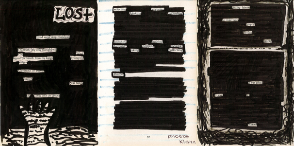 A photograph of a blackout poem titled "Lost" created by redacting words from printed text on lined paper. The poem features scattered visible words and phrases against heavily blacked-out sections, with a hand-drawn hand and ground at the bottom left and the name "Phoebe Klan" signed at the bottom centre.