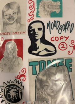 Photograph of a creative mood board featuring pencil sketches of faces, a stylised dragon head drawing in teal, and bold handwritten text including "MOOD BOARD," "COPY 2," and "TOME." The layout uses red and teal accents with various artistic elements arranged around the central black silhouette shape, showcasing a mix of portraiture and graphic design.