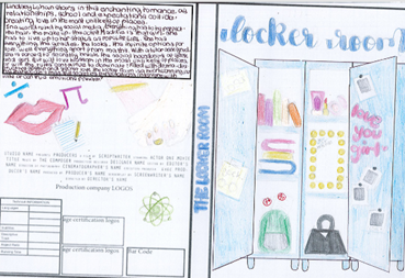 Hand-drawn poster featuring an open locker room with three lockers filled with books, a backpack, a handbag, and notes, alongside handwritten text describing a romantic school drama. The poster uses pastel colours with blue titles "locker room" and "the room," and includes doodles like lips, music notes, and a heart with "love you girl" written inside