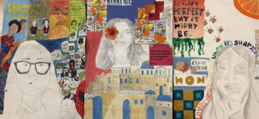 A colourful collage combining hand-drawn portraits, text blocks, and various artistic elements arranged in a grid-like pattern. Key features include detailed faces with glasses and flowers, inspirational quotes, vibrant backgrounds, and symbolic imagery such as buildings, hearts, and nature motifs, conveying themes of identity, creativity, and positivity.