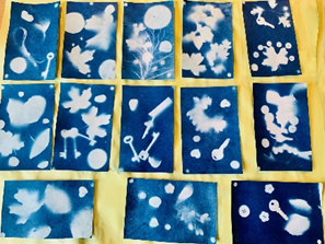 A group of blue cards with white designs