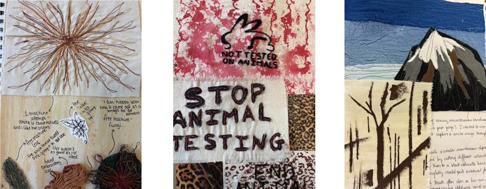 A close-up of a fabric, and a patchwork fabric with text and a  piece of fabric with a mountain and a piece of paper 