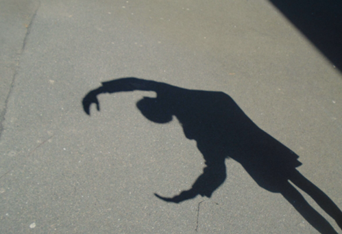 Photograph showing a shadow of a person on pavement, with arms curved overhead forming a circular shape. Shadow suggests person is standing in sunlight, casting a clear and distinct silhouette.