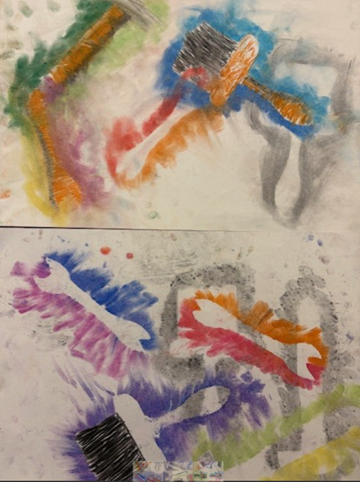 Two examples of work reinforcing previous knowledge of shape, tone and form.